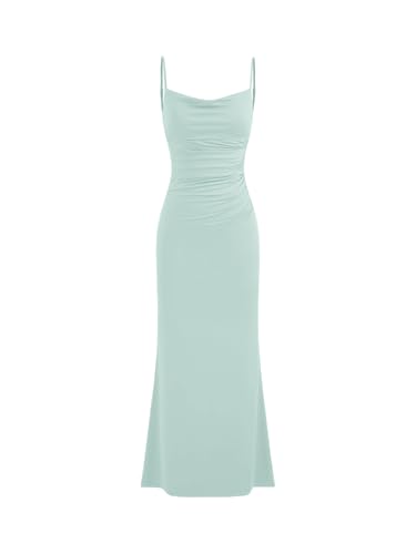 Women Wedding Guest Maxi Dresses Cowl Neck Backless Ruched Long Formal Dress Spaghetti Straps Evening Gown