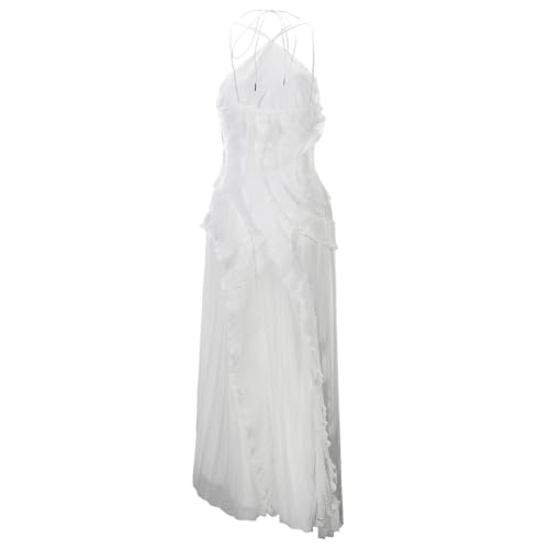 210a4DdZ32L.jpg Chiffon Tiered Dresses for Women Formal Halter Sleeveless Flowy Maxi Dress Summer Sexy Irregular Hem Solid Sundresses