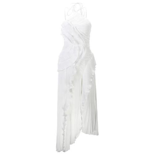 211q2-ao4bL.jpg Chiffon Tiered Dresses for Women Formal Halter Sleeveless Flowy Maxi Dress Summer Sexy Irregular Hem Solid Sundresses