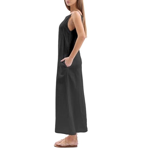 Women's 100% Linen Sleevelesss Black Tie Maxi Dresses Summer Casual