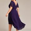 A Line V Neck Chiffon Short Sleeves High Low Knee Length Plus Size Wedding Guest Dresses for Curvy Women 01923-DA