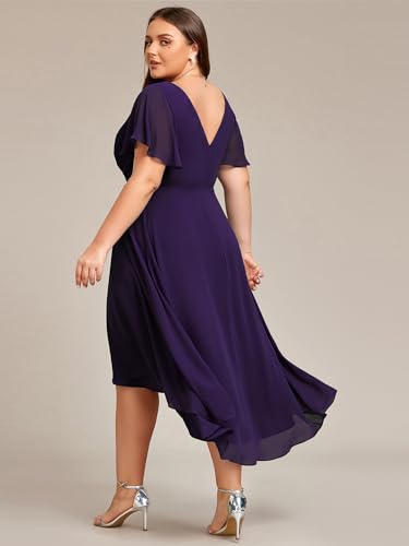 A Line V Neck Chiffon Short Sleeves High Low Knee Length Plus Size Wedding Guest Dresses for Curvy Women 01923-DA