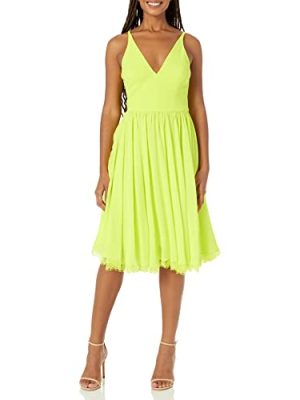 Women's Alicia Plunging Mix Media Sleeveless Fit and Flare Midi Dress