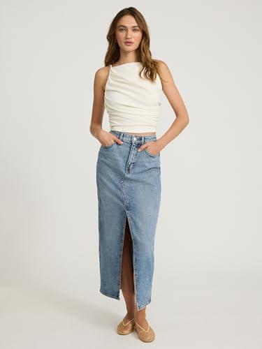Women??s Maxi Denim Skirt ?C High Waisted Stretch Jean Skirt with Front Slit ?C Medium Wash