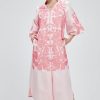 Women Casual V-Neck Mid Dress Floral Embroidery 3/4 Sleeves Spring Summer Tunic Dress Loose Zip Party Dress with Pocket