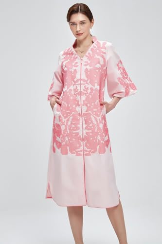 Women Casual V-Neck Mid Dress Floral Embroidery 3/4 Sleeves Spring Summer Tunic Dress Loose Zip Party Dress with Pocket