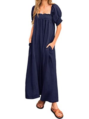 Women 2025 Summer Maxi Dress Casual Loose Puff Sleeve Square Neck Maternity Flowy Long Beach Dresses with Pockets