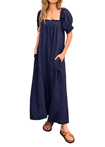 Women 2025 Summer Maxi Dress Casual Loose Puff Sleeve Square Neck Maternity Flowy Long Beach Dresses with Pockets