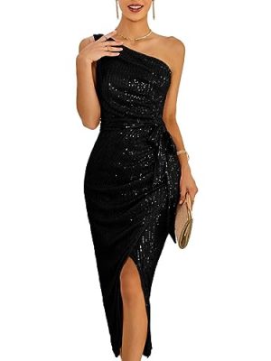 Women Sleeveless One Shoulder Sequin Dress Sparkly Glitter Wrap Dress Cocktail Wedding Maxi Dresses with Slit