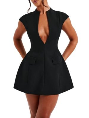 Women's Summer Sexy Cap Sleeve Deep V Neck Zipper A-line Mini Dress Hollow Bodycon Night Out Party Dress