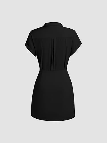 Dress for Women Collar Neck Mini Dress Middle Waist Buckle Wrap Short Sleeve Party Date Elegant