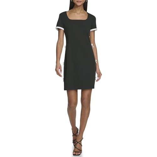 Women's Short Sleeve Square Neck Bow Embellished Shift Mini Dress