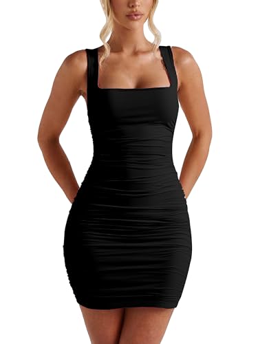 Women's Sexy Bodycon Corset Mini Dresses Square Neck Ruched Sleeveless Club Party Short Dress