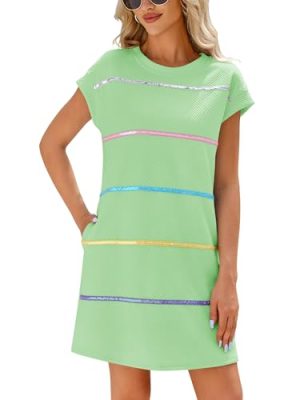 Womens Textured T Shirt Dress Short Sleeve Summer Casual Sequin Stripe Mini Dresses