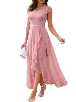 Women's V-Neck Dress for Women Wedding Guest Hi-Lo Floral Lace Prom Cocktail Party Formal Bridesmaid Dress