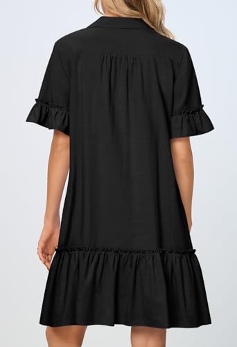 Women's Summer Button Down Shirt Dress Casual Ruffle Sleeve Shift Mini Dresses with Pockets