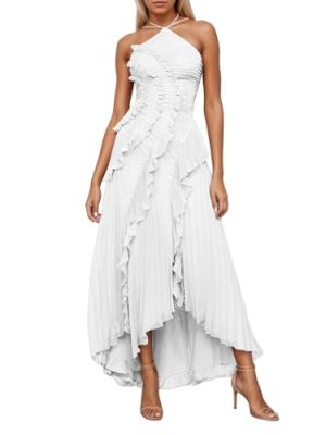 Chiffon Tiered Dresses for Women Formal Halter Sleeveless Flowy Maxi Dress Summer Sexy Irregular Hem Solid Sundresses