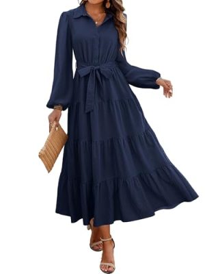Women's Long Sleeve Dress 2025 Button Down Belted A-Line Flowy Fall Outfits Ruffle Maxi Holiday Party Dresses