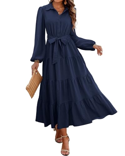 Women's Long Sleeve Dress 2025 Button Down Belted A-Line Flowy Fall Outfits Ruffle Maxi Holiday Party Dresses