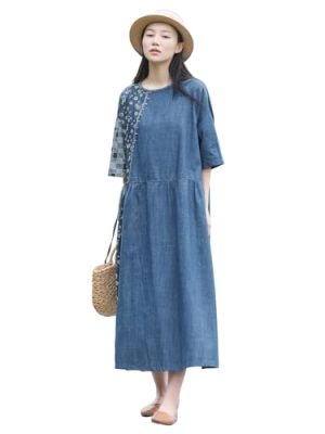 Flower Pattern Casual Denim Dress Blue Short Sleeved Patch Medium Long Robe Loose Fit