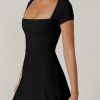 Womens Square Neck Tennis Dress Short Sleeve Built in Shorts Golf Athletic Dress with Pockets