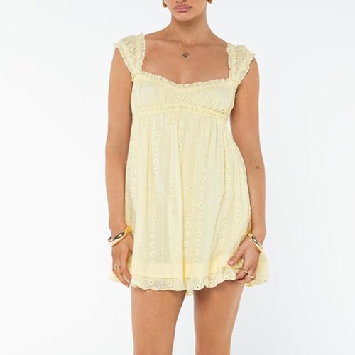 Women's Babydoll Mini Dress Floral Embroidery Summer Sleeveless Loose A Line Flowy Short Sundress for Beach Club Party