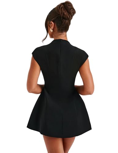 Women's Summer Sexy Cap Sleeve Deep V Neck Zipper A-line Mini Dress Hollow Bodycon Night Out Party Dress