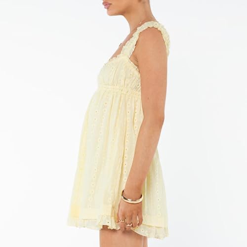 Women's Babydoll Mini Dress Floral Embroidery Summer Sleeveless Loose A Line Flowy Short Sundress for Beach Club Party