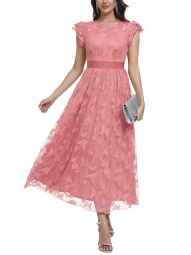 Women's Casual Tulle Midi Dress Ruffle Sleeve Crewneck Lace Flowy Dresses Party Wedding Guest Sundress