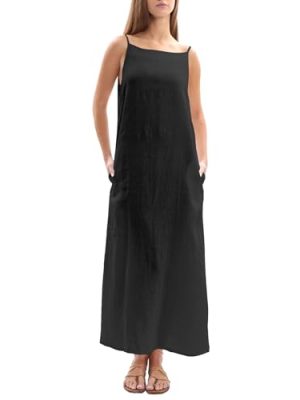 Women's 100% Linen Sleevelesss Black Tie Maxi Dresses Summer Casual