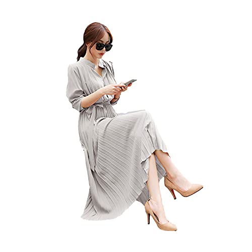 Womens Pleated Long Sleeve Loose Dress Casual Maxi Dresses with Tie Waist