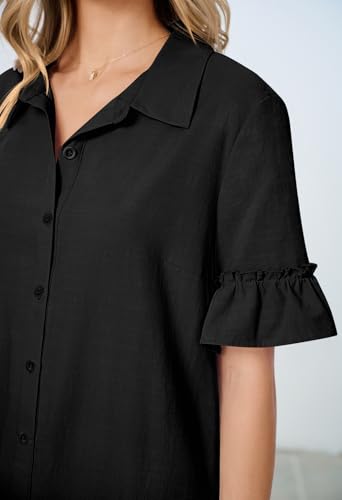 Women's Summer Button Down Shirt Dress Casual Ruffle Sleeve Shift Mini Dresses with Pockets