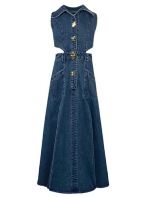 Women Elegant One-Piece with Slit Cut-Out Blue Jean Sundress Sleeveless Denim Dress