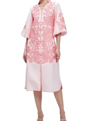 Women Casual V-Neck Mid Dress Floral Embroidery 3/4 Sleeves Spring Summer Tunic Dress Loose Zip Party Dress with Pocket