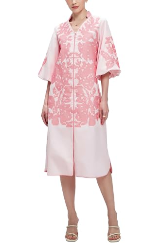 Women Casual V-Neck Mid Dress Floral Embroidery 3/4 Sleeves Spring Summer Tunic Dress Loose Zip Party Dress with Pocket