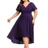 A Line V Neck Chiffon Short Sleeves High Low Knee Length Plus Size Wedding Guest Dresses for Curvy Women 01923-DA