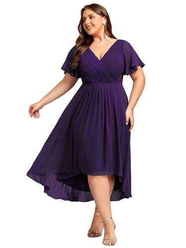 A Line V Neck Chiffon Short Sleeves High Low Knee Length Plus Size Wedding Guest Dresses for Curvy Women 01923-DA