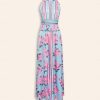 Women's High Split Satin Dress Backless Elegant Wedding Guest Halter Neck Sleeveless Floral Summer Maxi Dresses