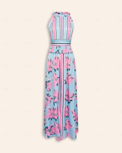 Women's High Split Satin Dress Backless Elegant Wedding Guest Halter Neck Sleeveless Floral Summer Maxi Dresses
