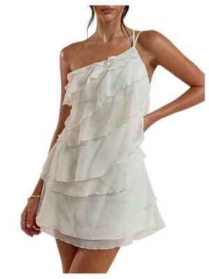 Women's One Shoulder Ruffle Mesh Mini Dress Layered Backless Vacation Party Sundresses