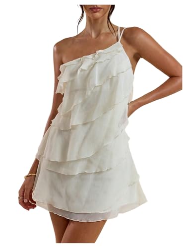 Women's One Shoulder Ruffle Mesh Mini Dress Layered Backless Vacation Party Sundresses
