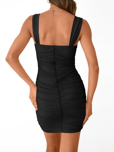 31Ch9ubvGwL.jpg Womens Mini Mesh Square Neck Fitted Going Out Ruched Dresses Summer Party Club Bodycon Short Dress