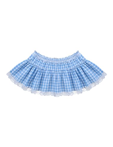 Women Men Sissy Pleated Mini Skirt Lace Hem Plaid Gingham Short Skirt Lingerie Fancy Dress