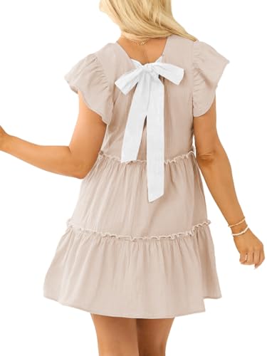Women's Summer Ruffle Sleeve Flowy Babydoll Mini Dress Casual V Neck Tie Back A Line Tiered Short Dress with Pocket