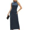 Women Backless Velvet Maxi Dress Back Slit Ruched Bodycon Formal Dress High Neck Cocktail Party Dress 091