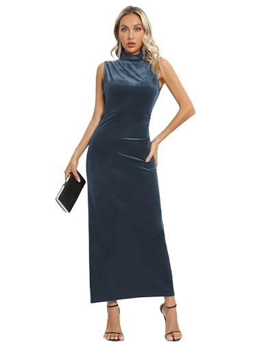 Women Backless Velvet Maxi Dress Back Slit Ruched Bodycon Formal Dress High Neck Cocktail Party Dress 091