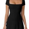 Womens Square Neck Tennis Dress Short Sleeve Built in Shorts Golf Athletic Dress with Pockets