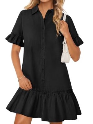 Women's Summer Button Down Shirt Dress Casual Ruffle Sleeve Shift Mini Dresses with Pockets