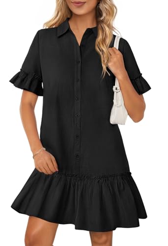Women's Summer Button Down Shirt Dress Casual Ruffle Sleeve Shift Mini Dresses with Pockets