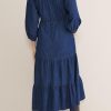 Women's Tiered Denim Shirt Dress 3/4 Sleeve Button Down Midi Jean Dresses Flowy Belted Denim Dress with Pockets